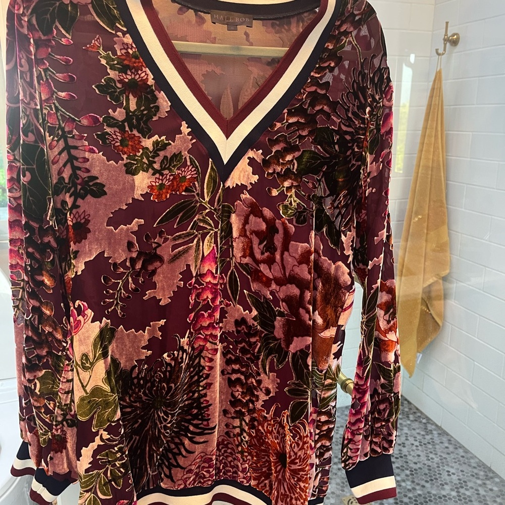 Hale Bob Plum Floral Velvet V-Neck Sweater with Pink, Green and Cream Accents
